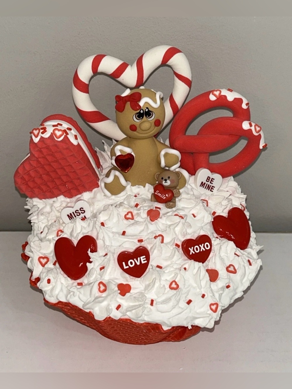 Red & White Heart Fake Gingerbread Whip Cream Waffle Bowl Display Handmade